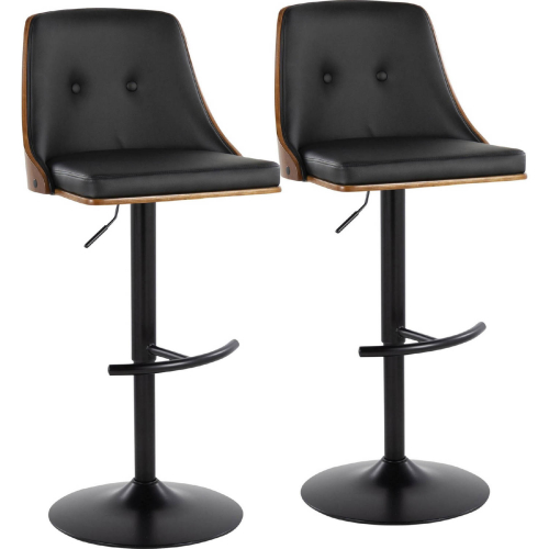 Gianna Adjustable Swivel Bar Stool in Black Metal, Walnut Wood & Black Leatherette (Set of 2)